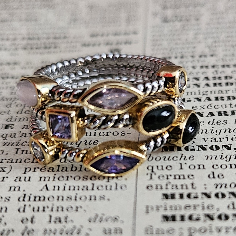 Elegant Multi-Stone Gold and Silver Ring Set